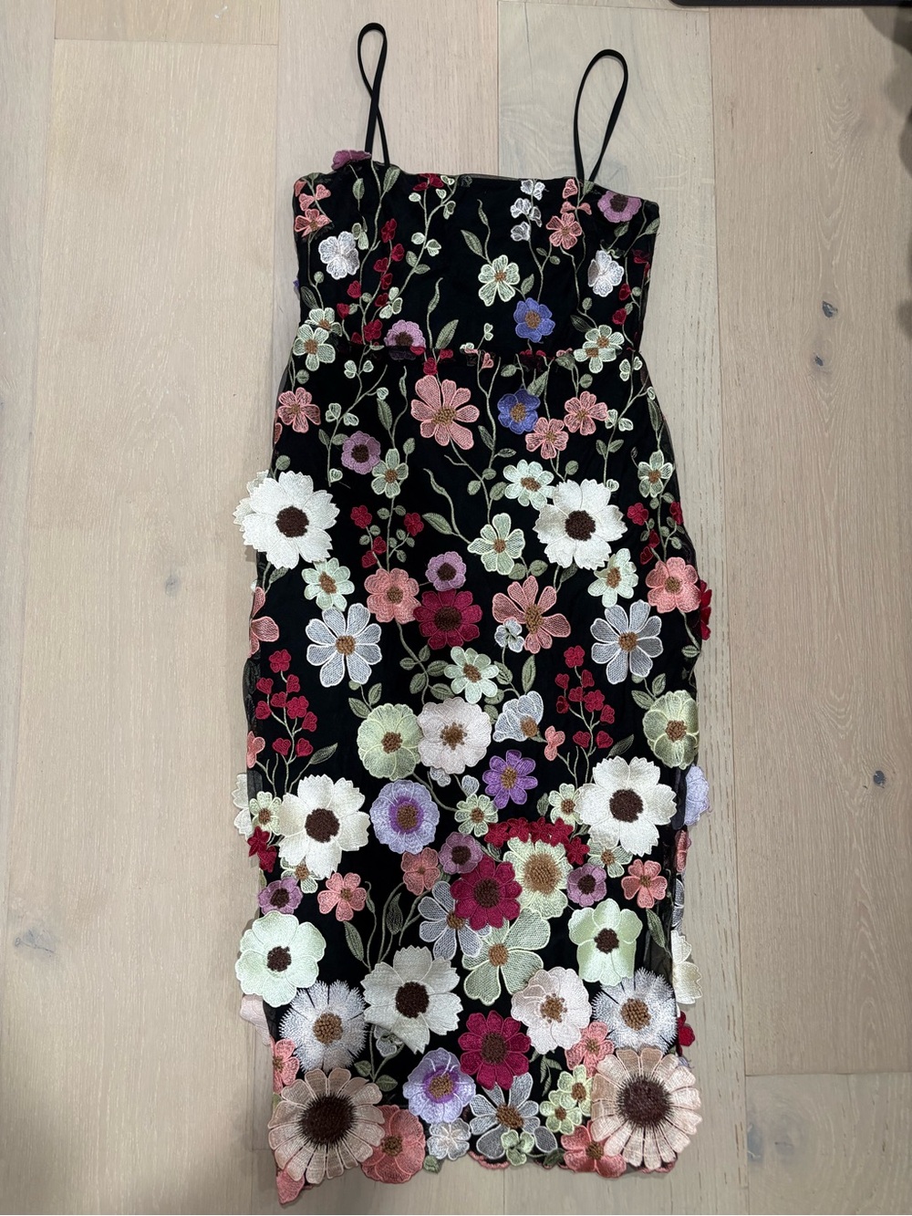 Black 3D Floral Embroidered Lace-Up Midi Dress